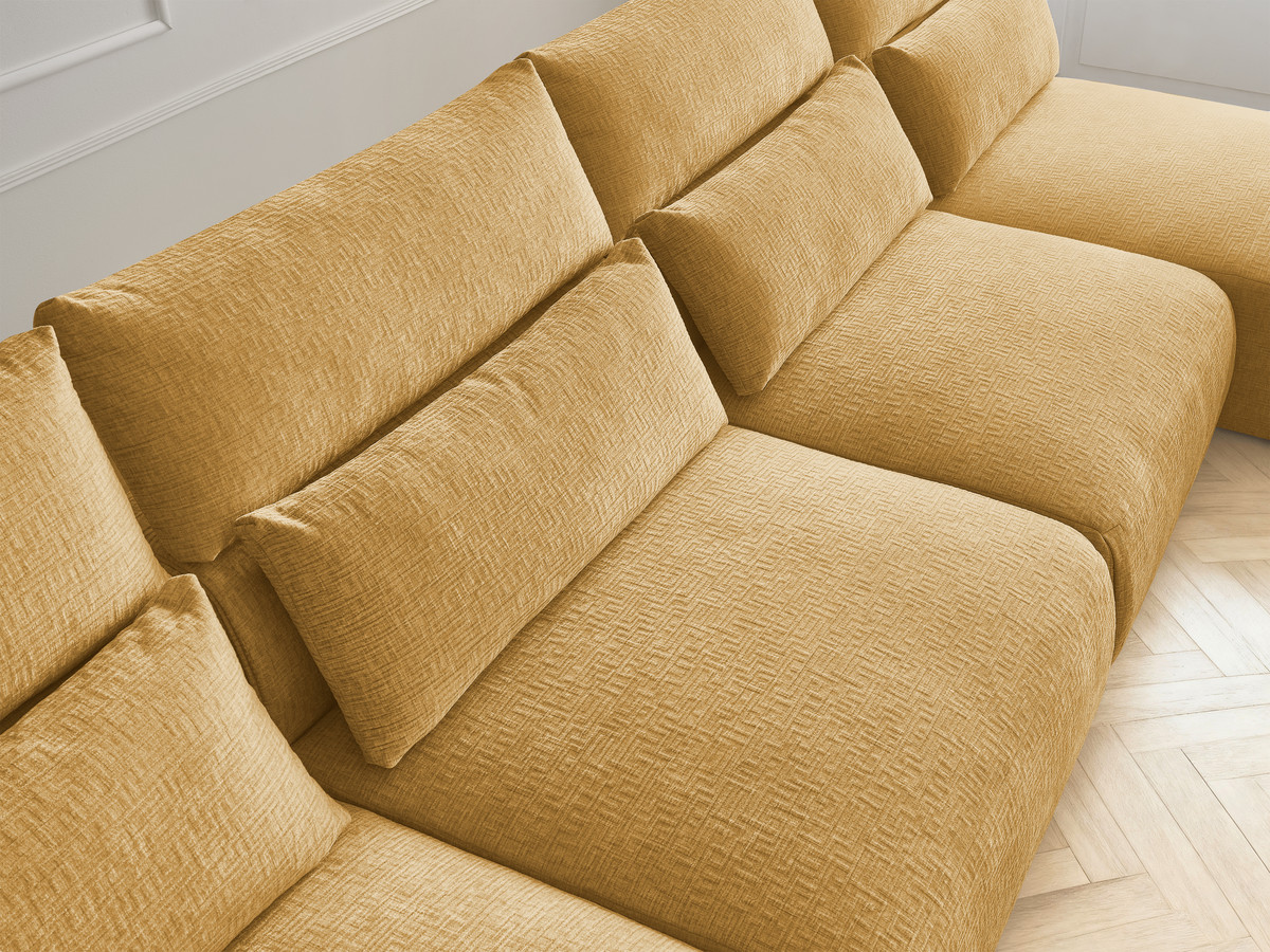 Modulaire vaste panoramabank met hoofdsteunen in JANA-stof met 2 chaise longues, 2 fauteuils en 1 kleine poef