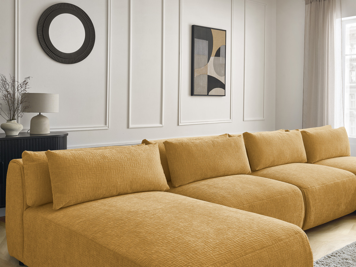 Modulaire vaste panoramabank met hoofdsteunen in JANA-stof met 2 chaise longues, 2 fauteuils en 1 kleine poef