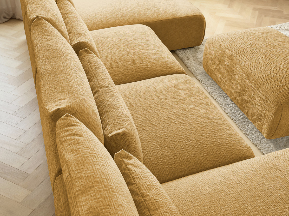 Modulaire vaste panoramabank met hoofdsteunen in JANA-stof met 2 chaise longues, 2 fauteuils en 1 kleine poef