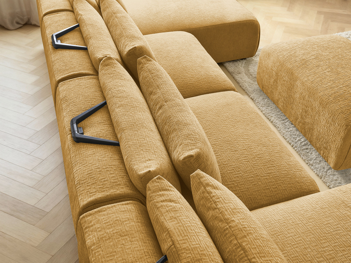 Modulaire vaste panoramabank met hoofdsteunen in JANA-stof met 2 chaise longues, 2 fauteuils en 1 kleine poef