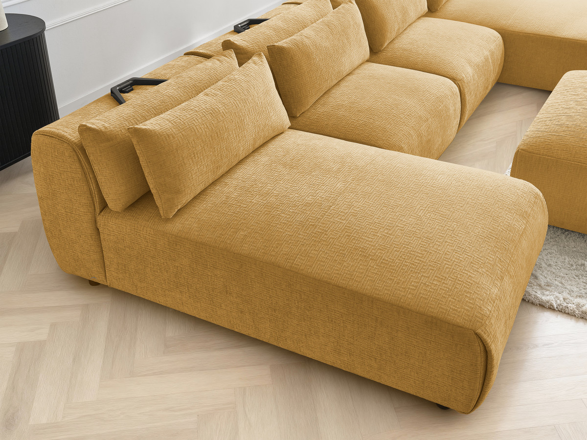 Modulaire vaste panoramabank met hoofdsteunen in JANA-stof met 2 chaise longues, 2 fauteuils en 1 kleine poef