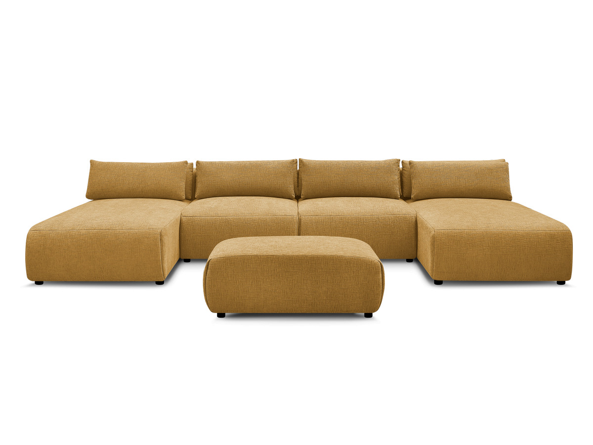 Modulaire vaste panoramabank met hoofdsteunen in JANA-stof met 2 chaise longues, 2 fauteuils en 1 kleine poef