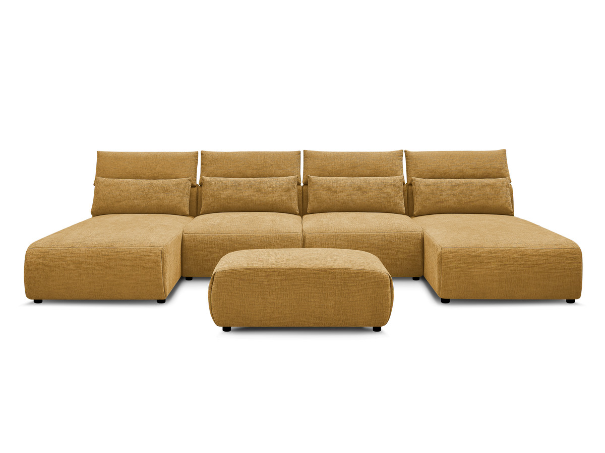 Modulaire vaste panoramabank met hoofdsteunen in JANA-stof met 2 chaise longues, 2 fauteuils en 1 kleine poef