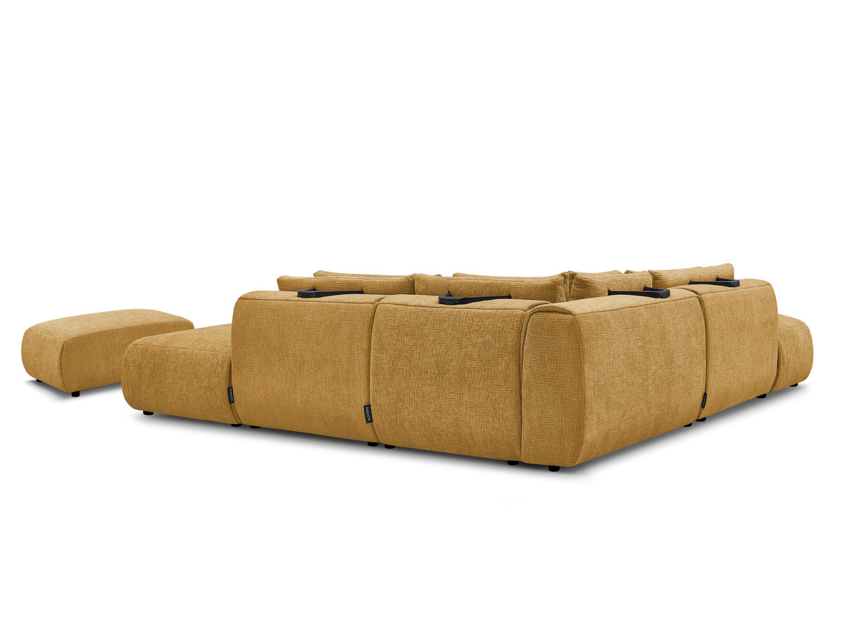 Modulaire vaste panoramabank met hoofdsteunen in JANA-stof met 2 chaise longues, 2 fauteuils en 1 kleine poef