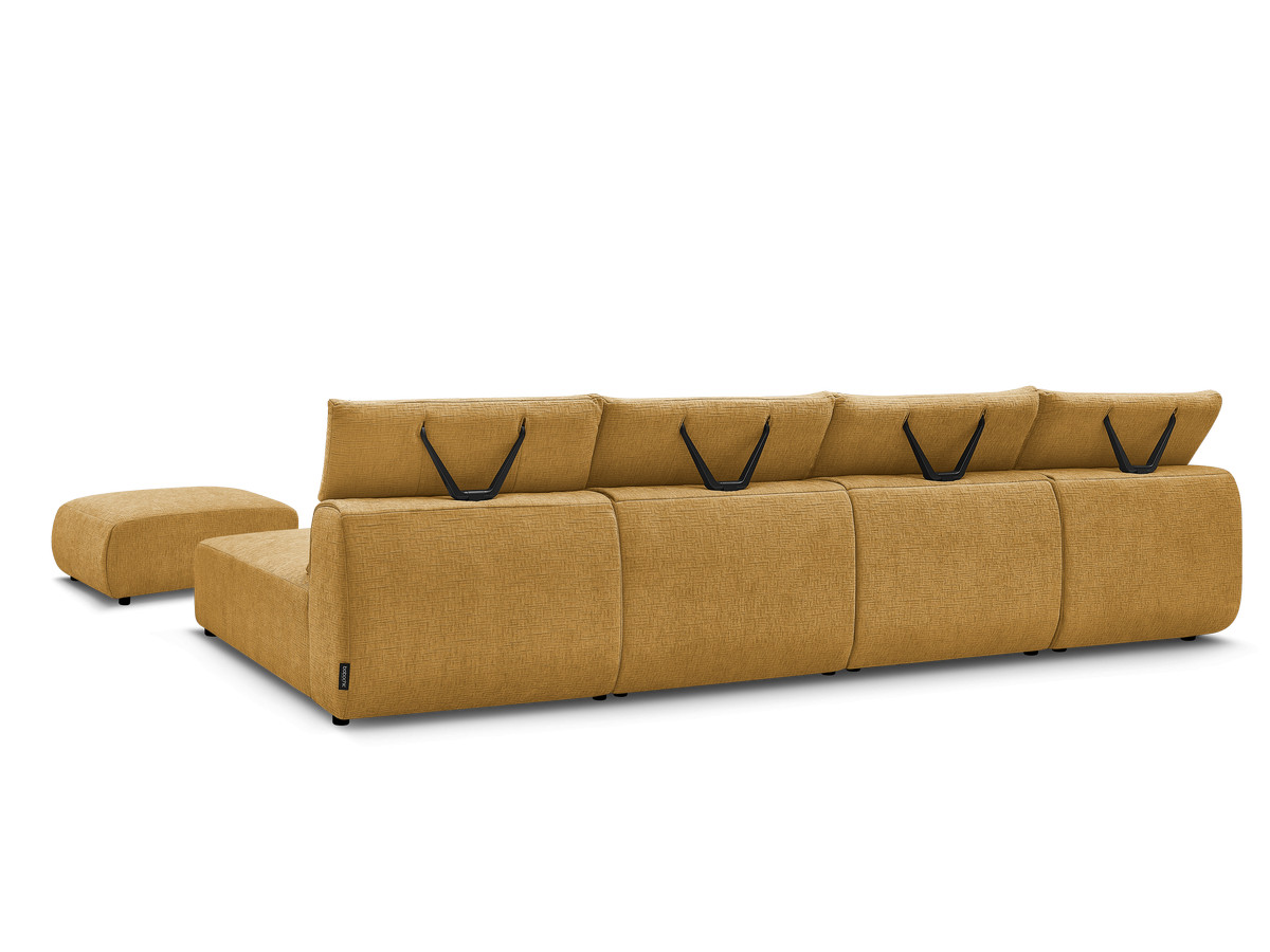 Modulaire vaste panoramabank met hoofdsteunen in JANA-stof met 2 chaise longues, 2 fauteuils en 1 kleine poef