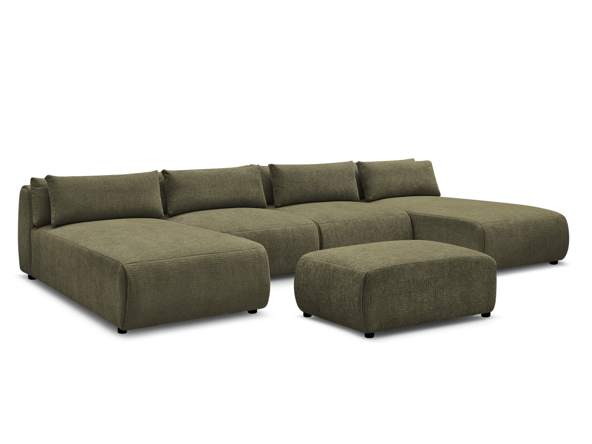 modulaire vaste panoramabank met hoofdsteunen in jana-stof met 2 chaise longues, 2 fauteuils en 1 kleine poef gekleurd groente