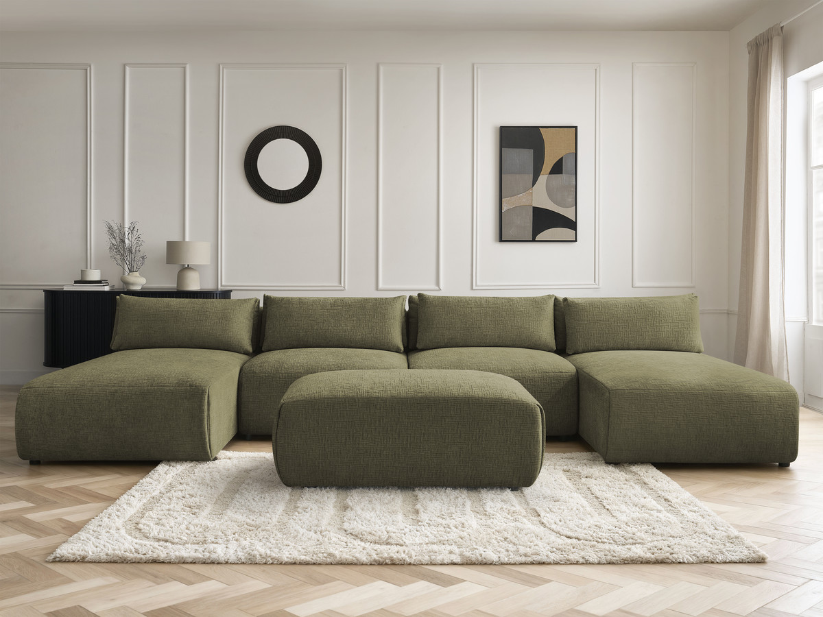 Modulaire vaste panoramabank met hoofdsteunen in JANA-stof met 2 chaise longues, 2 fauteuils en 1 kleine poef