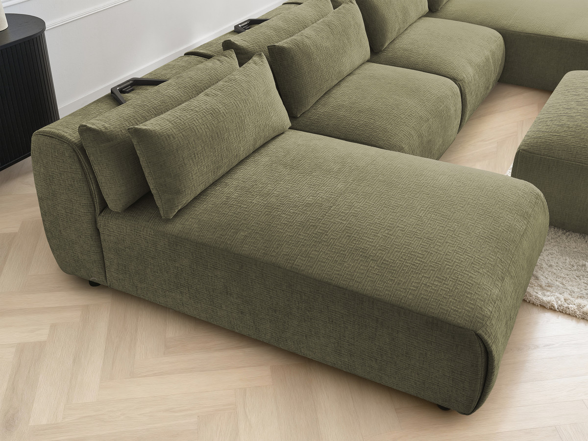 Modulaire vaste panoramabank met hoofdsteunen in JANA-stof met 2 chaise longues, 2 fauteuils en 1 kleine poef