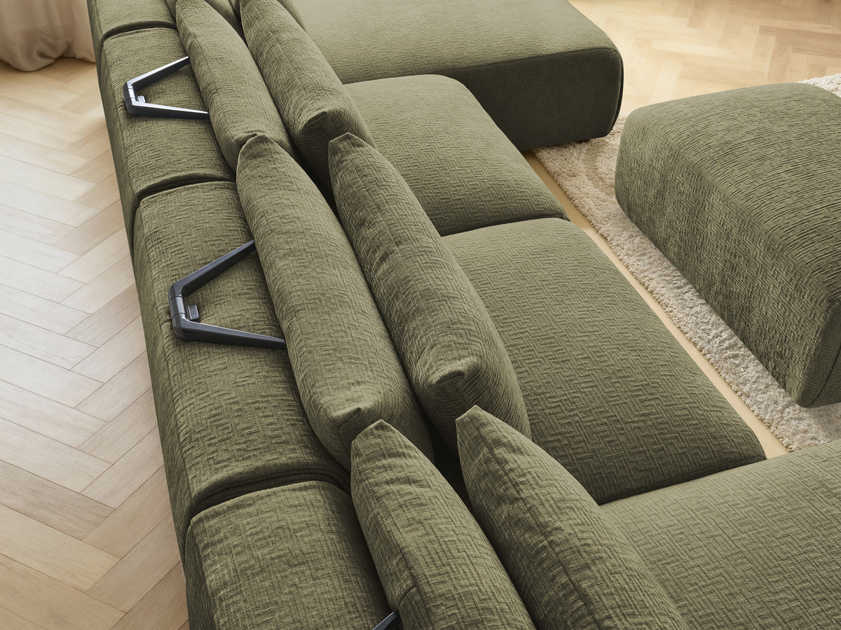 Modulaire vaste panoramabank met hoofdsteunen in JANA-stof met 2 chaise longues, 2 fauteuils en 1 kleine poef