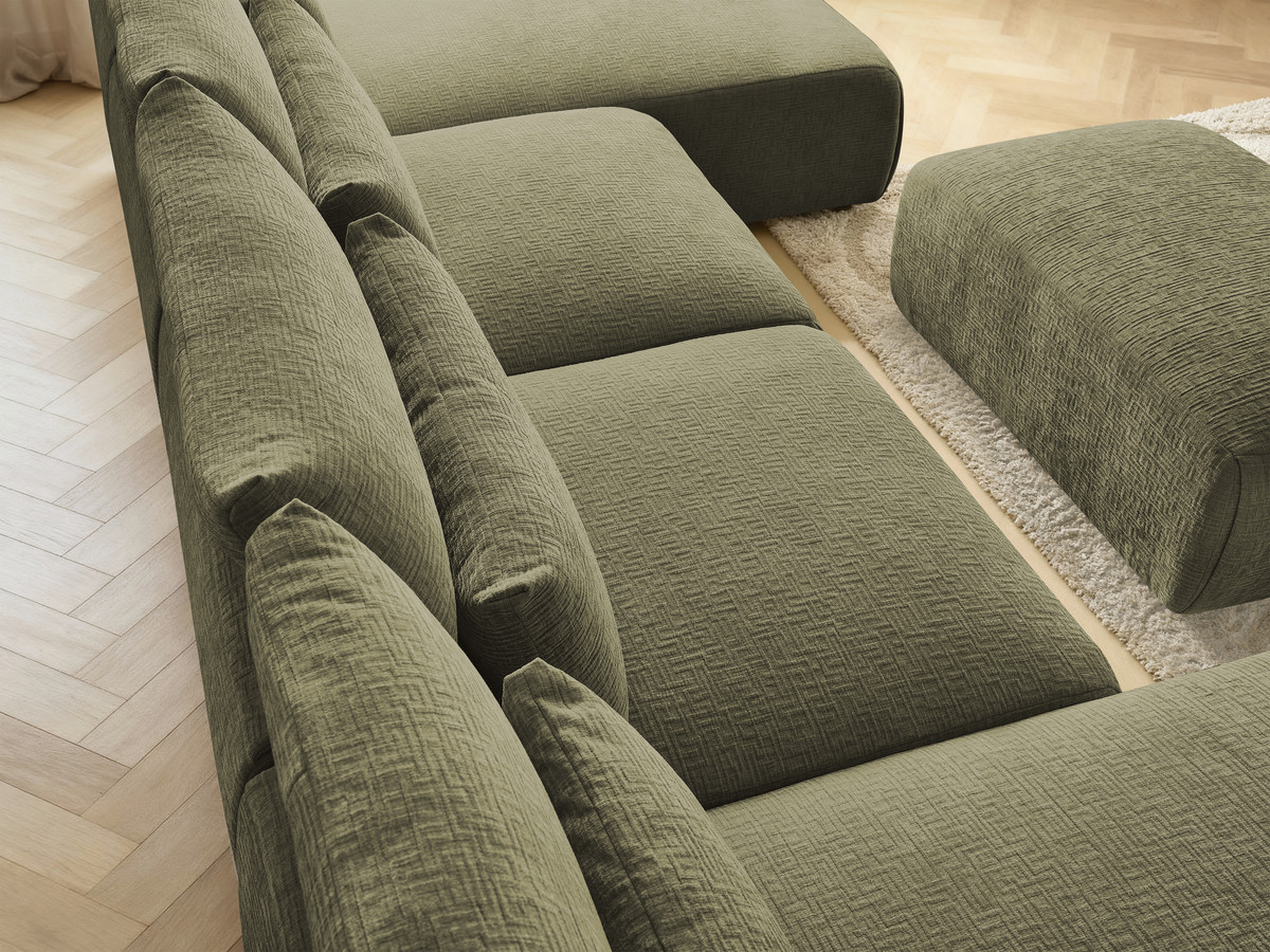 Modulaire vaste panoramabank met hoofdsteunen in JANA-stof met 2 chaise longues, 2 fauteuils en 1 kleine poef