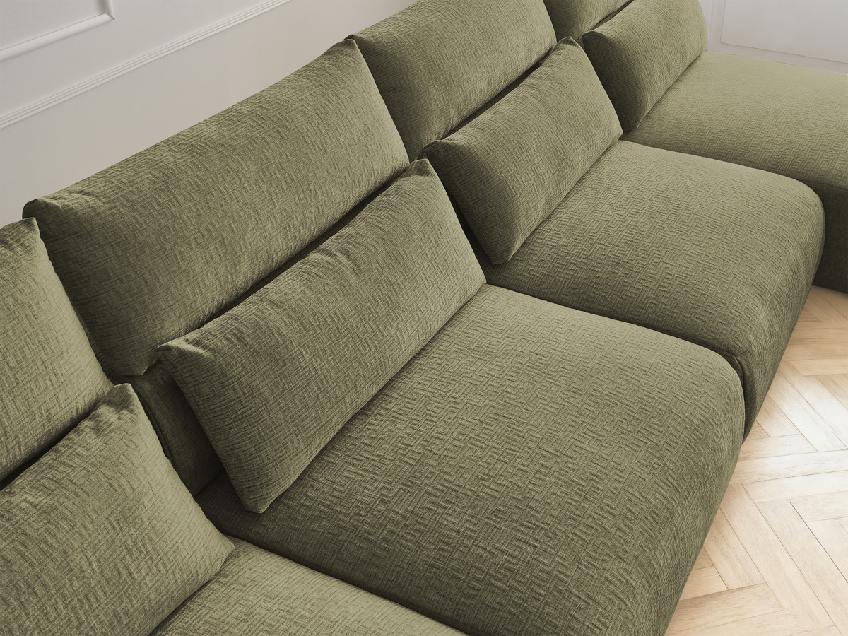 Modulaire vaste panoramabank met hoofdsteunen in JANA-stof met 2 chaise longues, 2 fauteuils en 1 kleine poef