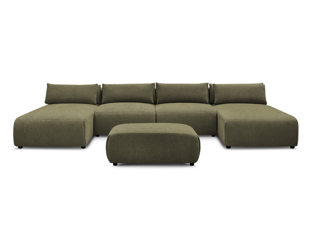 Modulaire vaste panoramabank met hoofdsteunen in JANA-stof met 2 chaise longues, 2 fauteuils en 1 kleine poef