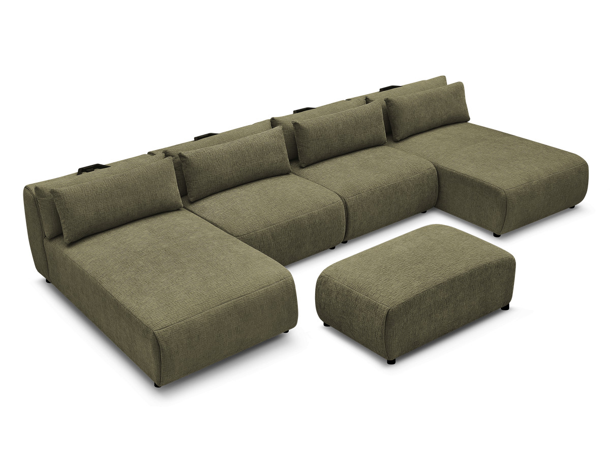 Modulaire vaste panoramabank met hoofdsteunen in JANA-stof met 2 chaise longues, 2 fauteuils en 1 kleine poef