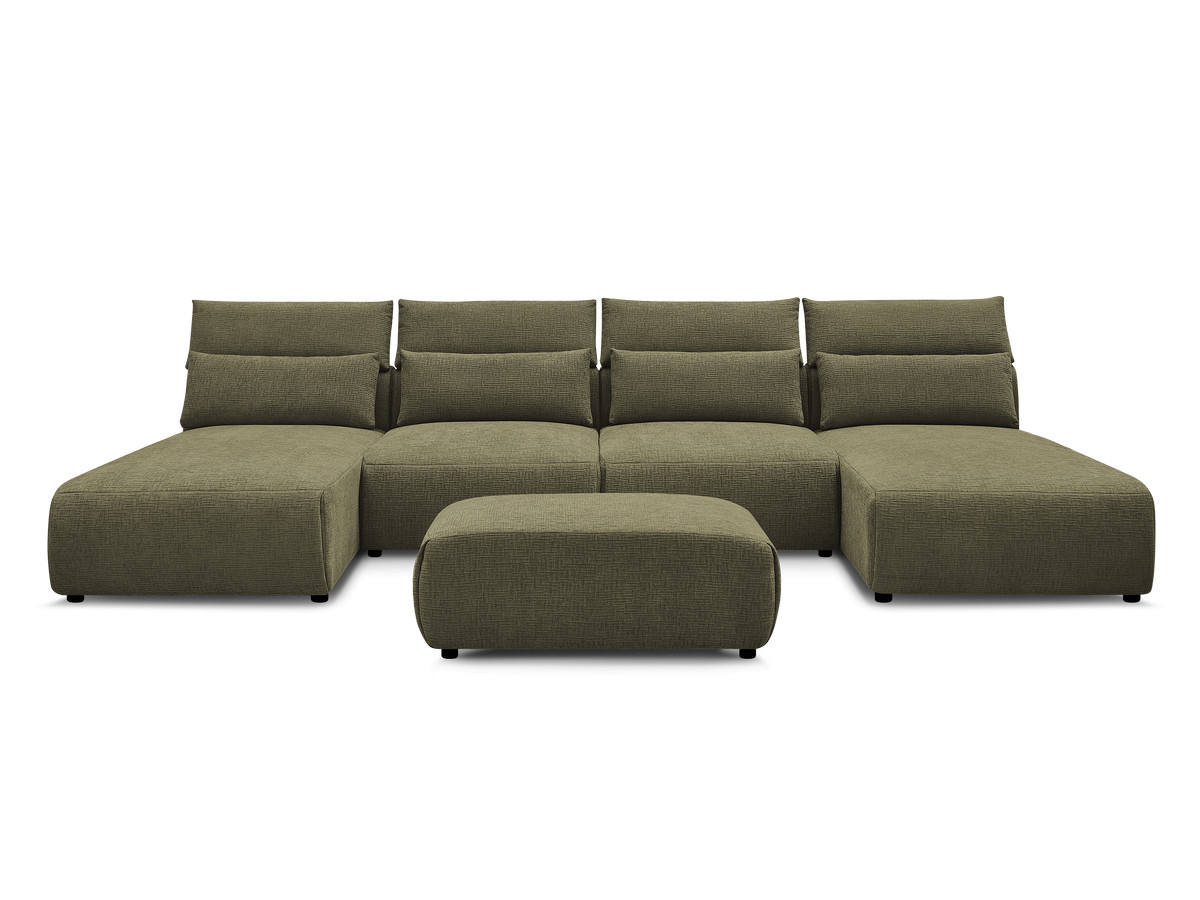 Modulaire vaste panoramabank met hoofdsteunen in JANA-stof met 2 chaise longues, 2 fauteuils en 1 kleine poef