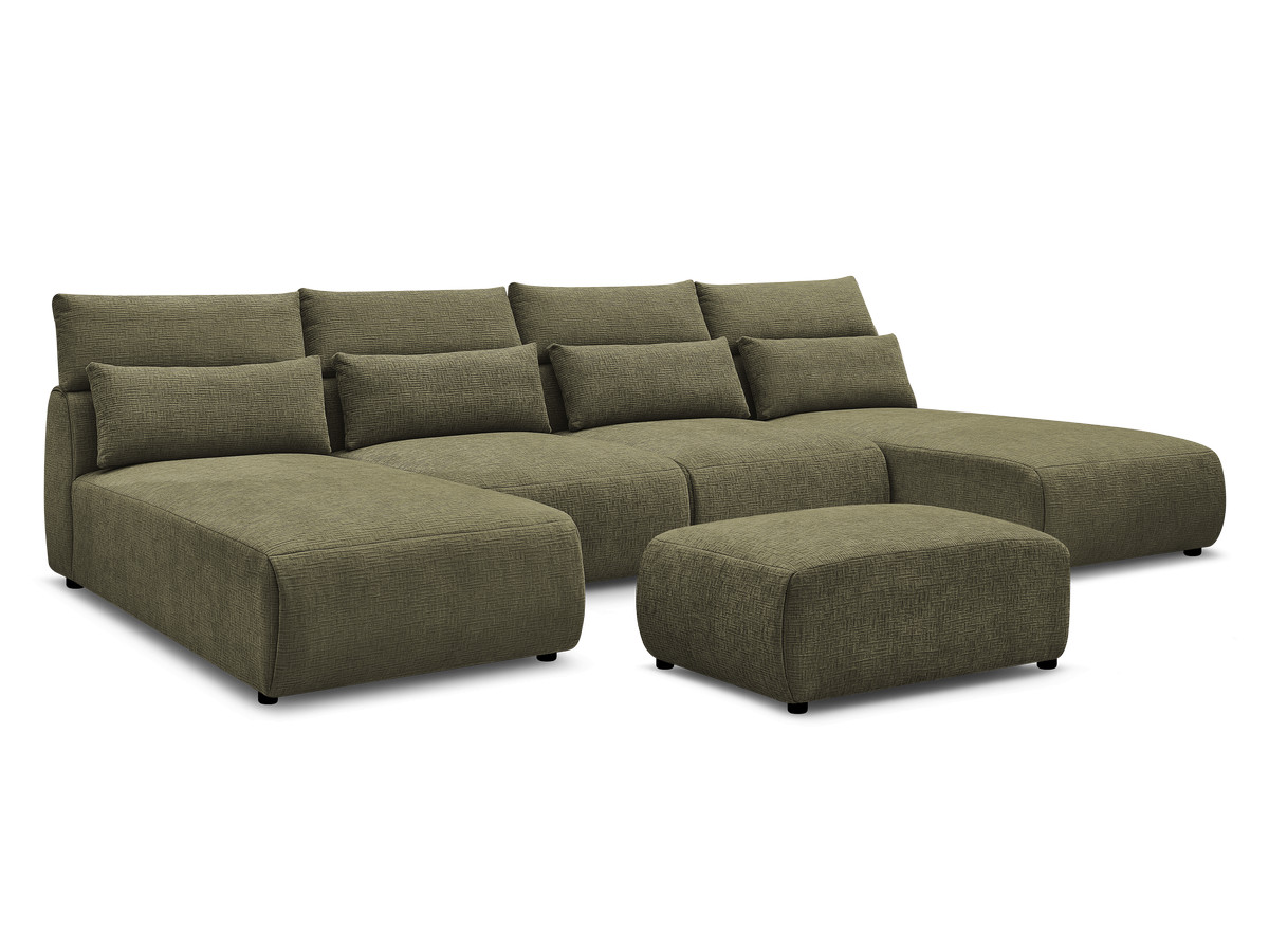 Modulaire vaste panoramabank met hoofdsteunen in JANA-stof met 2 chaise longues, 2 fauteuils en 1 kleine poef