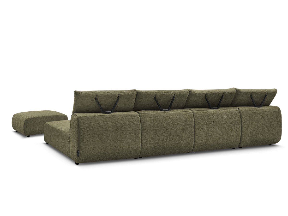 Modulaire vaste panoramabank met hoofdsteunen in JANA-stof met 2 chaise longues, 2 fauteuils en 1 kleine poef