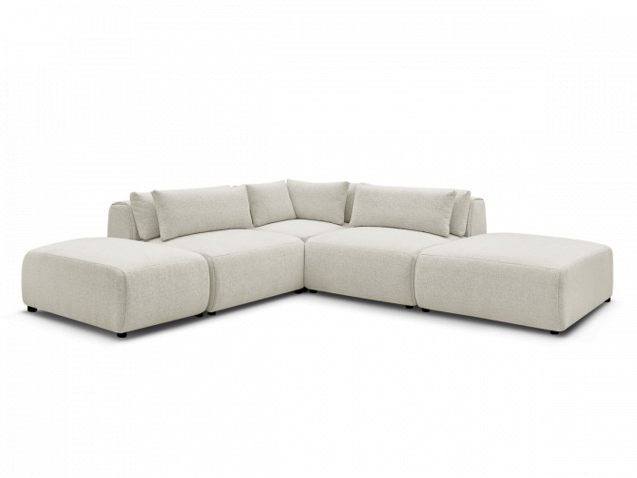 Canapé d'angle fixe modulable avec têtières JANA tissu chiné avec 2 chauffeuses, 1 angle et 2 poufs