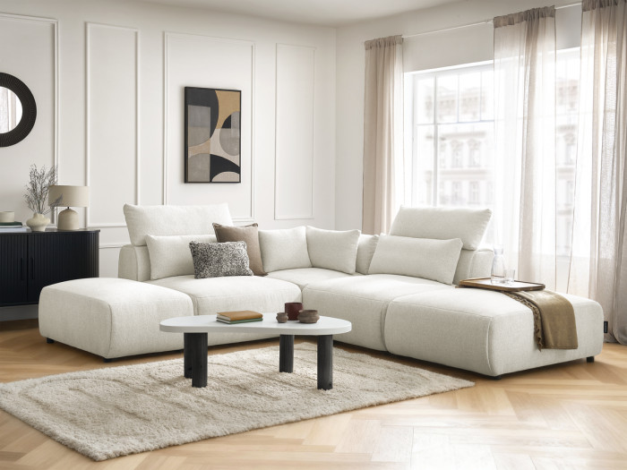 Canapé d'angle fixe modulable avec têtières JANA tissu chiné avec 2 chauffeuses, 1 angle et 2 poufs