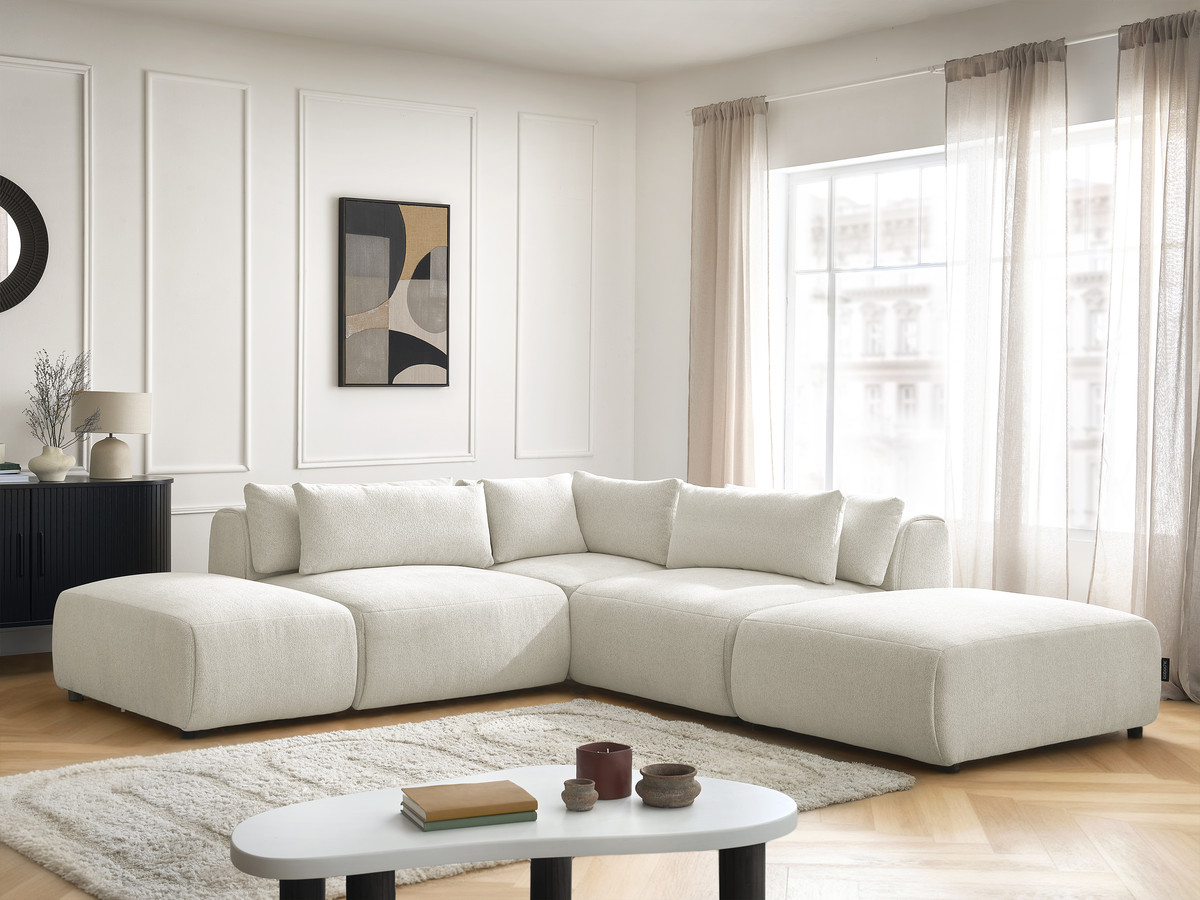 Modulaire vaste hoekbank met hoofdsteunen JANA gemêleerde stof met 2 fauteuils, 1 hoekelement en 2 poefs