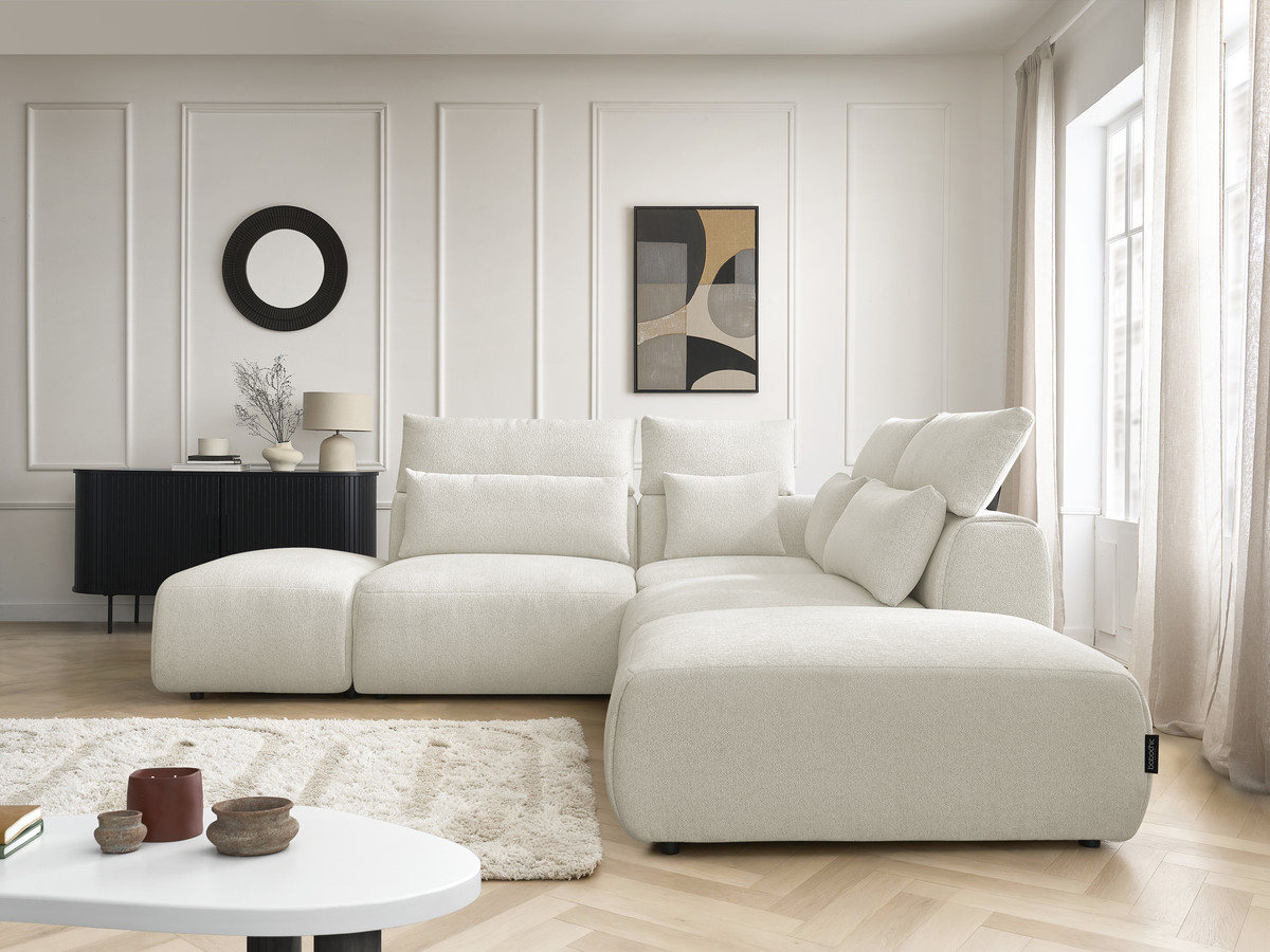 Modulaire vaste hoekbank met hoofdsteunen JANA gemêleerde stof met 2 fauteuils, 1 hoekelement en 2 poefs