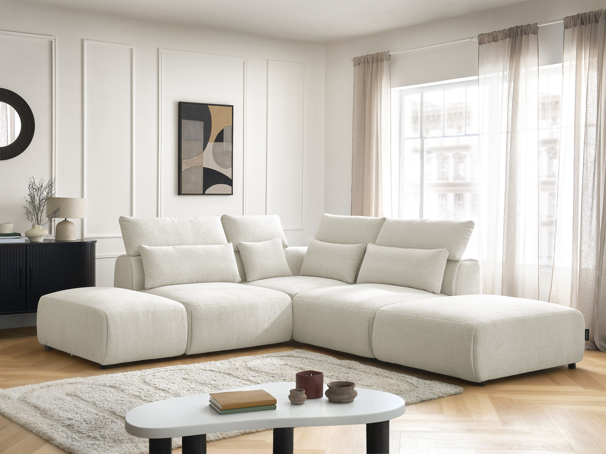 Modulaire vaste hoekbank met hoofdsteunen JANA gemêleerde stof met 2 fauteuils, 1 hoekelement en 2 poefs