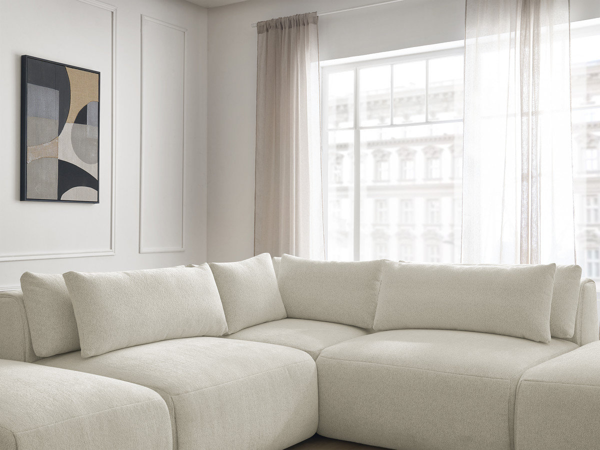 Modulaire vaste hoekbank met hoofdsteunen JANA gemêleerde stof met 2 fauteuils, 1 hoekelement en 2 poefs