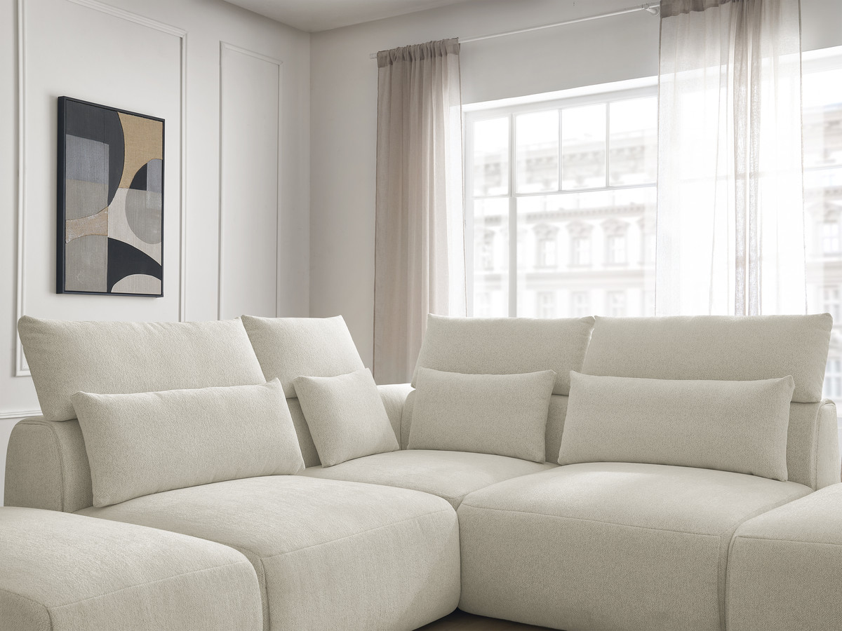 Modulaire vaste hoekbank met hoofdsteunen JANA gemêleerde stof met 2 fauteuils, 1 hoekelement en 2 poefs