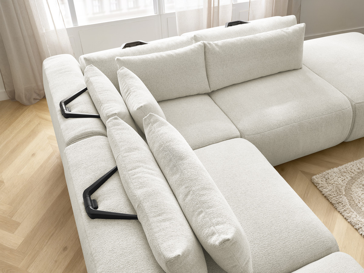 Modulaire vaste hoekbank met hoofdsteunen JANA gemêleerde stof met 2 fauteuils, 1 hoekelement en 2 poefs