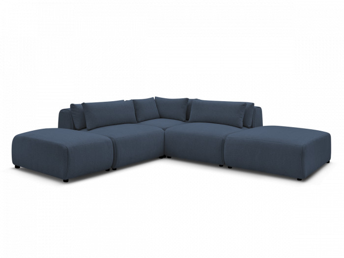 Canapé d'angle fixe modulable avec têtières JANA tissu chiné avec 2 chauffeuses, 1 angle et 2 poufs