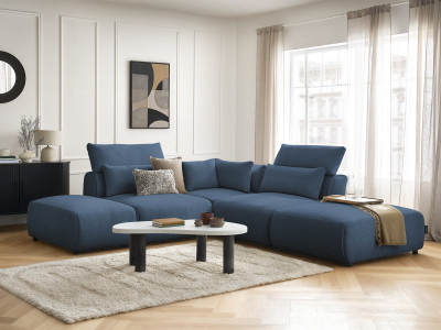 Canapé d'angle fixe modulable avec têtières JANA tissu chiné avec 2 chauffeuses, 1 angle et 2 poufs