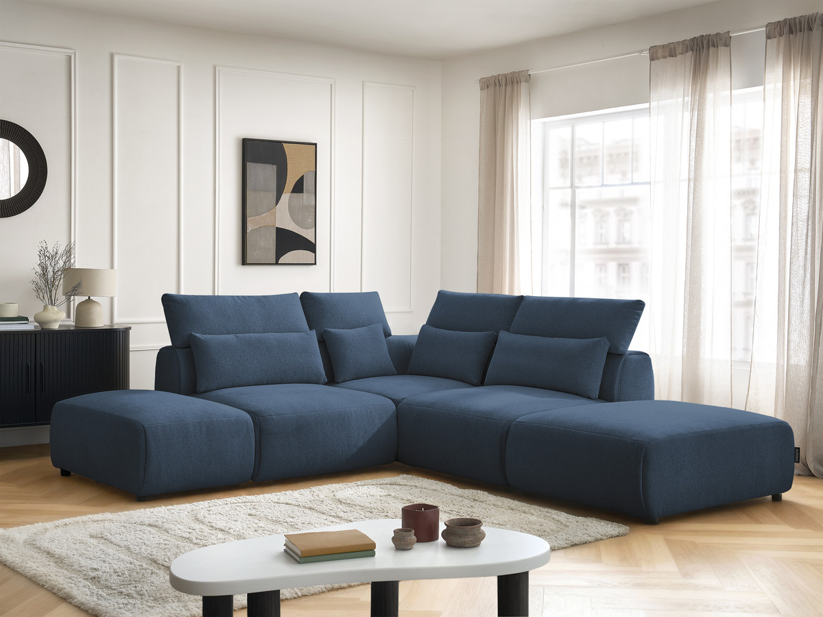 Modulaire vaste hoekbank met hoofdsteunen JANA gemêleerde stof met 2 fauteuils, 1 hoekelement en 2 poefs