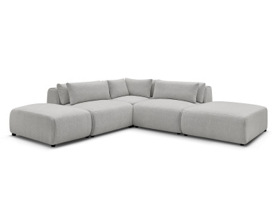 Canapé d'angle fixe modulable avec têtières JANA tissu chiné avec 2 chauffeuses, 1 angle et 2 poufs