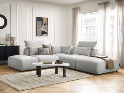 Canapé d'angle fixe modulable avec têtières JANA tissu chiné avec 2 chauffeuses, 1 angle et 2 poufs