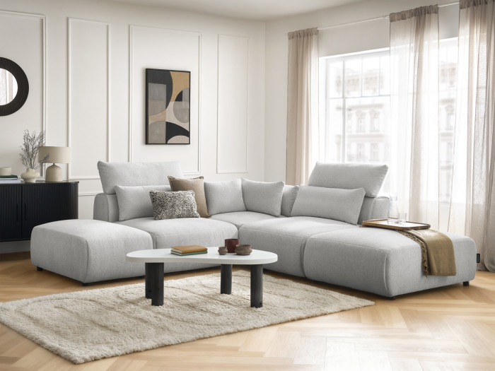 Canapé d'angle fixe modulable avec têtières JANA tissu chiné avec 2 chauffeuses, 1 angle et 2 poufs