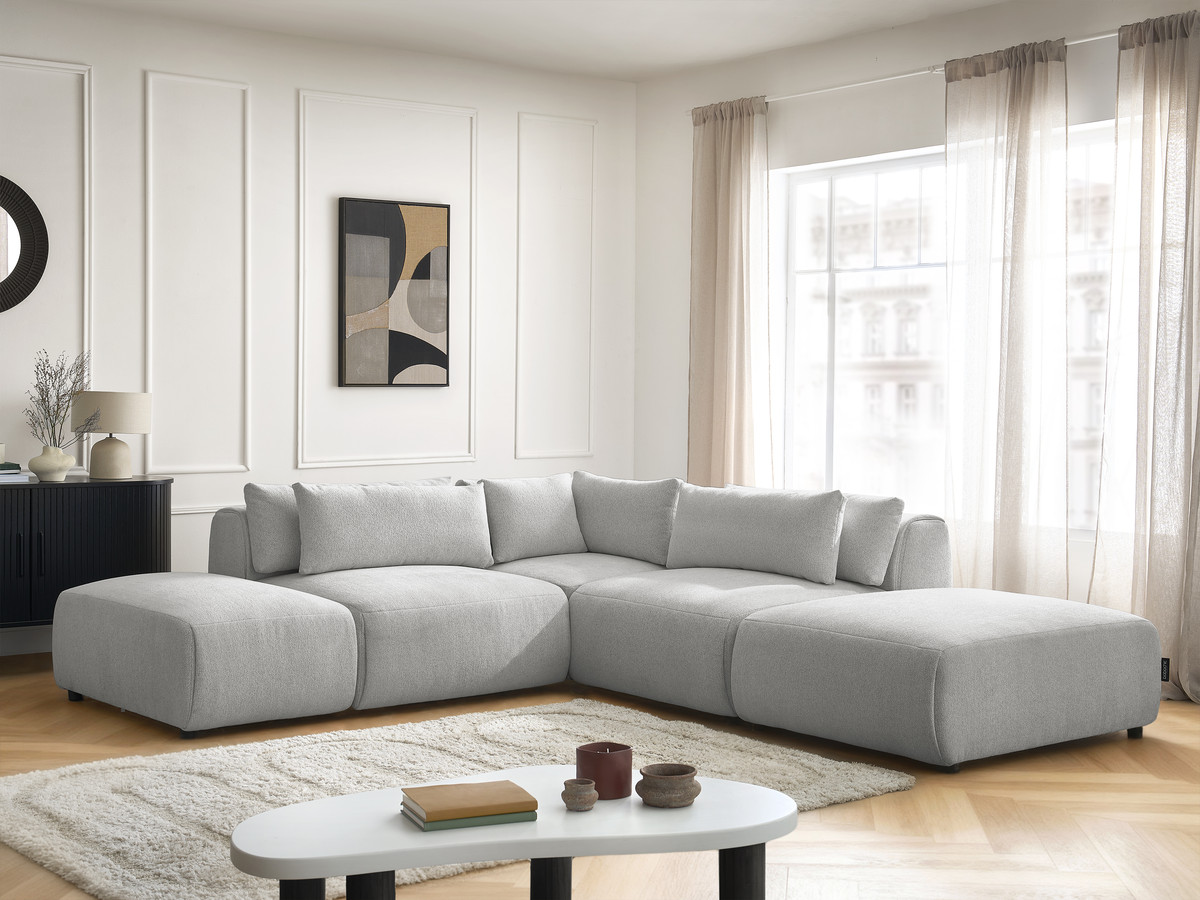 Modulaire vaste hoekbank met hoofdsteunen JANA gemêleerde stof met 2 fauteuils, 1 hoekelement en 2 poefs