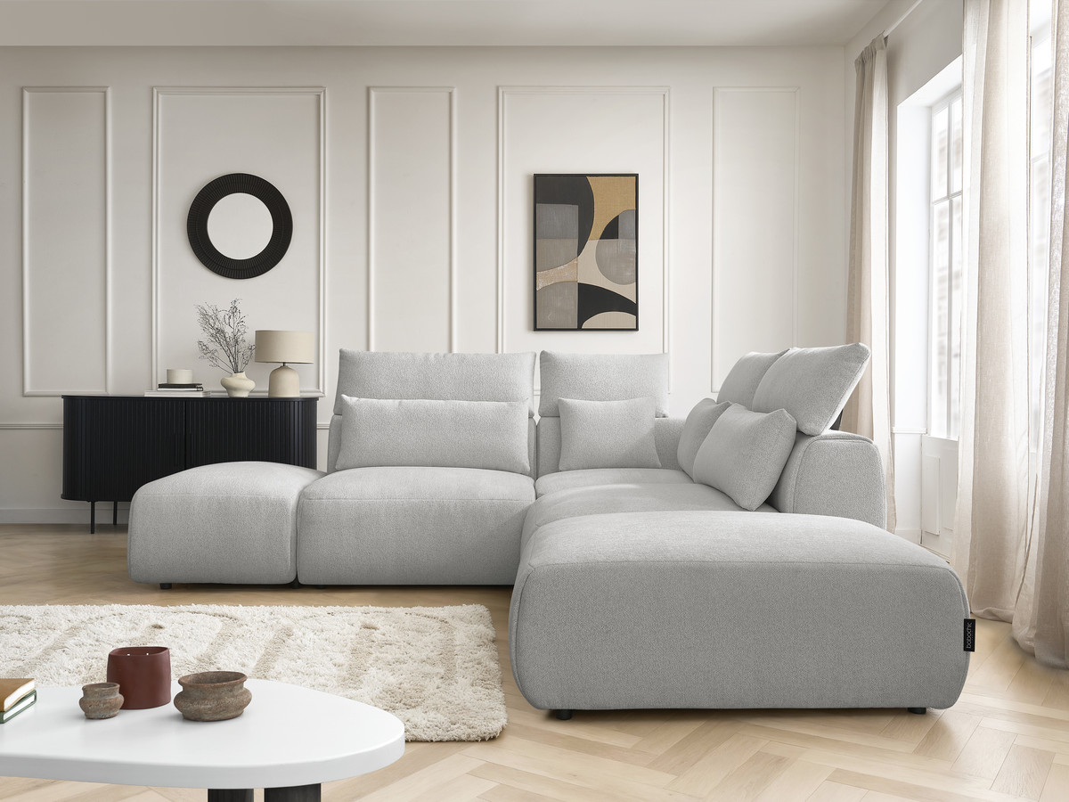 Modulaire vaste hoekbank met hoofdsteunen JANA gemêleerde stof met 2 fauteuils, 1 hoekelement en 2 poefs