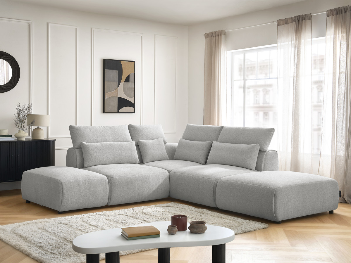 Modulaire vaste hoekbank met hoofdsteunen JANA gemêleerde stof met 2 fauteuils, 1 hoekelement en 2 poefs