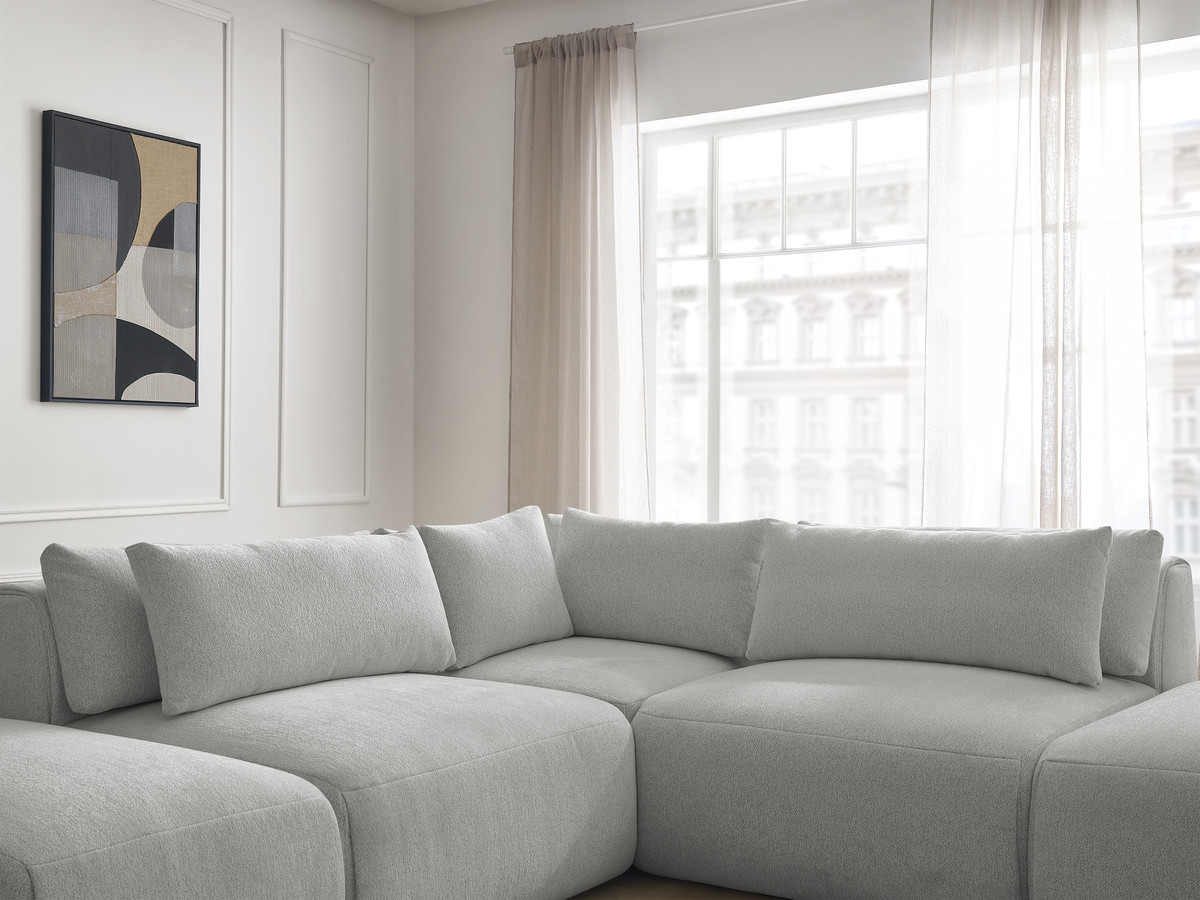 Modulaire vaste hoekbank met hoofdsteunen JANA gemêleerde stof met 2 fauteuils, 1 hoekelement en 2 poefs