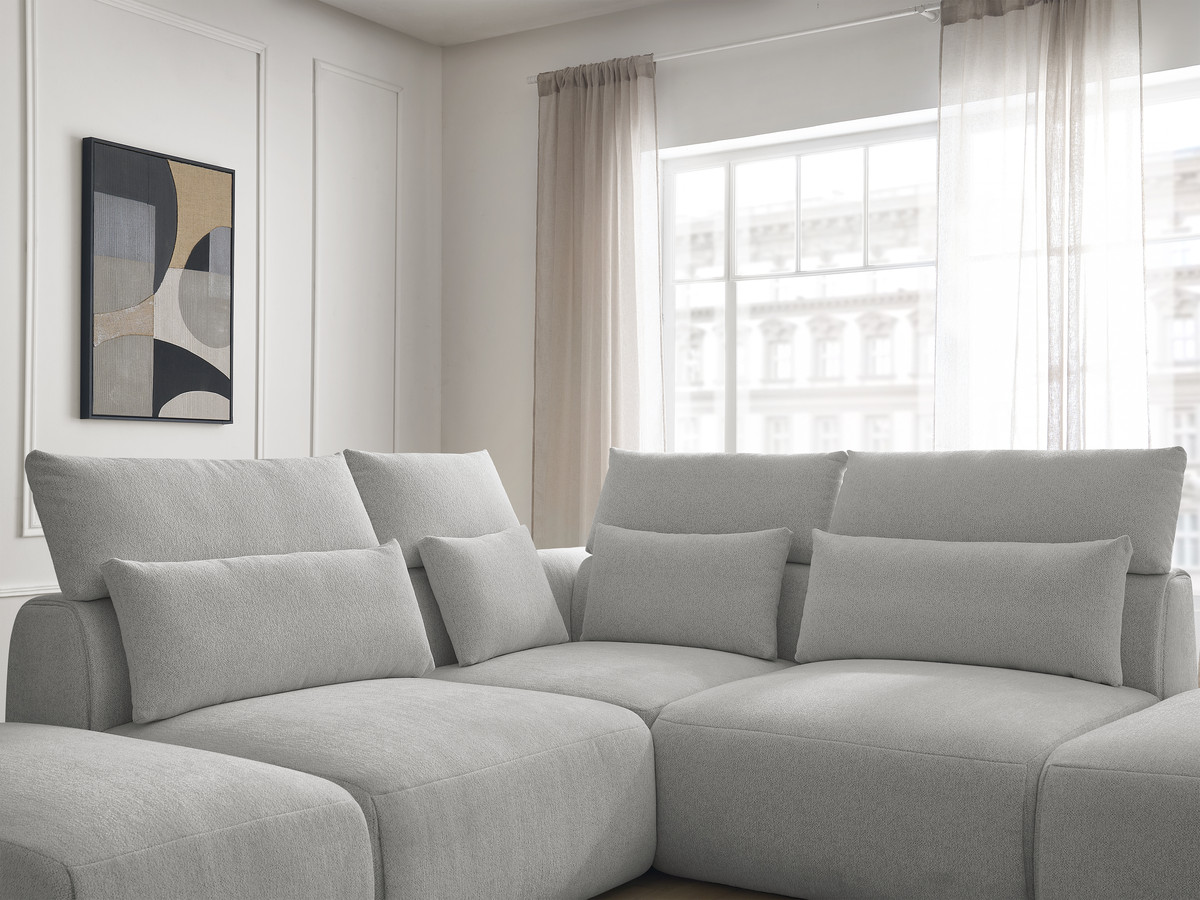 Modulaire vaste hoekbank met hoofdsteunen JANA gemêleerde stof met 2 fauteuils, 1 hoekelement en 2 poefs