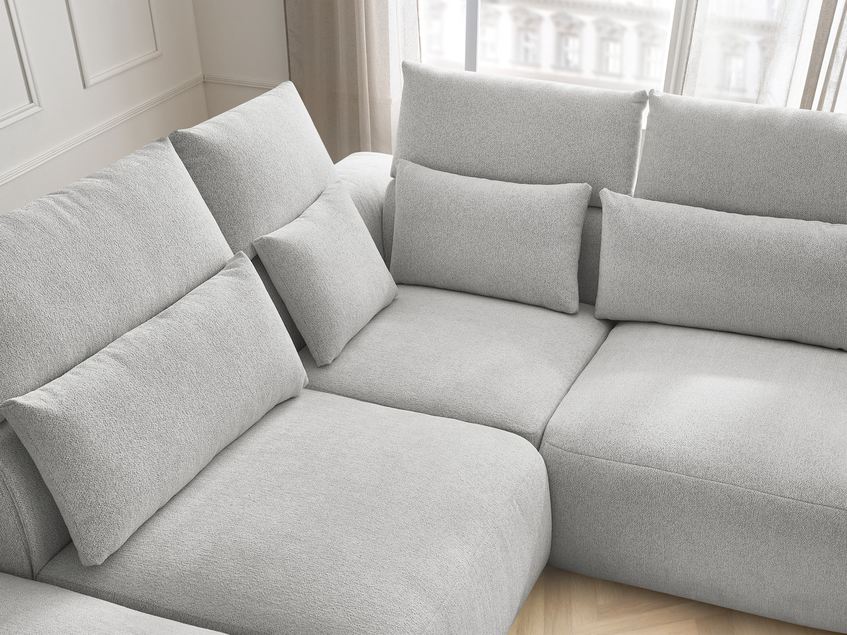 Modulaire vaste hoekbank met hoofdsteunen JANA gemêleerde stof met 2 fauteuils, 1 hoekelement en 2 poefs