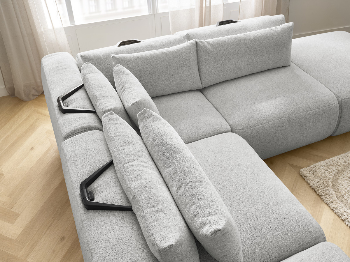 Modulaire vaste hoekbank met hoofdsteunen JANA gemêleerde stof met 2 fauteuils, 1 hoekelement en 2 poefs