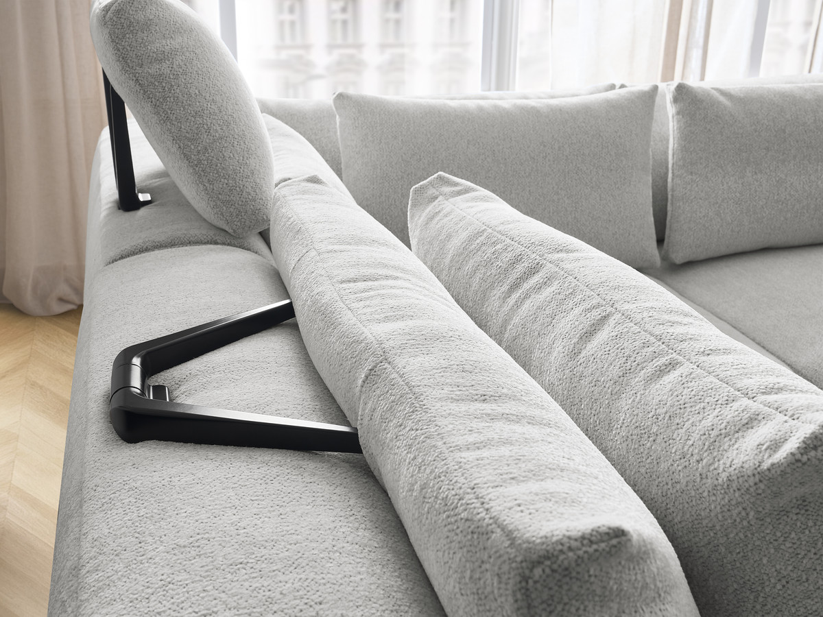 Modulaire vaste hoekbank met hoofdsteunen JANA gemêleerde stof met 2 fauteuils, 1 hoekelement en 2 poefs