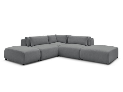 Canapé d'angle fixe modulable avec têtières JANA tissu chiné avec 2 chauffeuses, 1 angle et 2 poufs