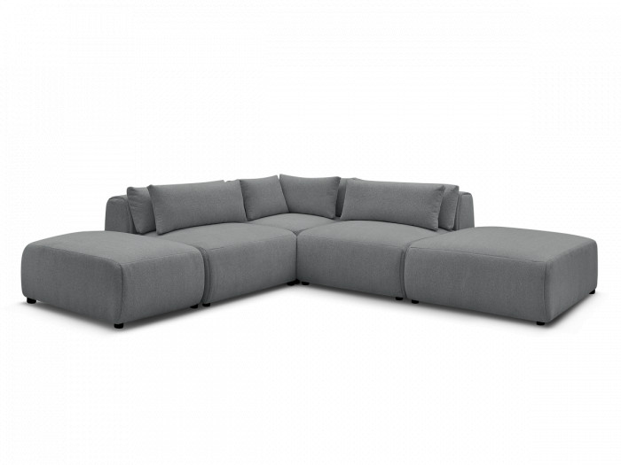 Canapé d'angle fixe modulable avec têtières JANA tissu chiné avec 2 chauffeuses, 1 angle et 2 poufs