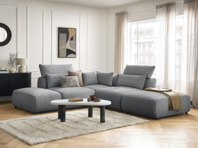 Canapé d'angle fixe modulable avec têtières JANA tissu chiné avec 2 chauffeuses, 1 angle et 2 poufs