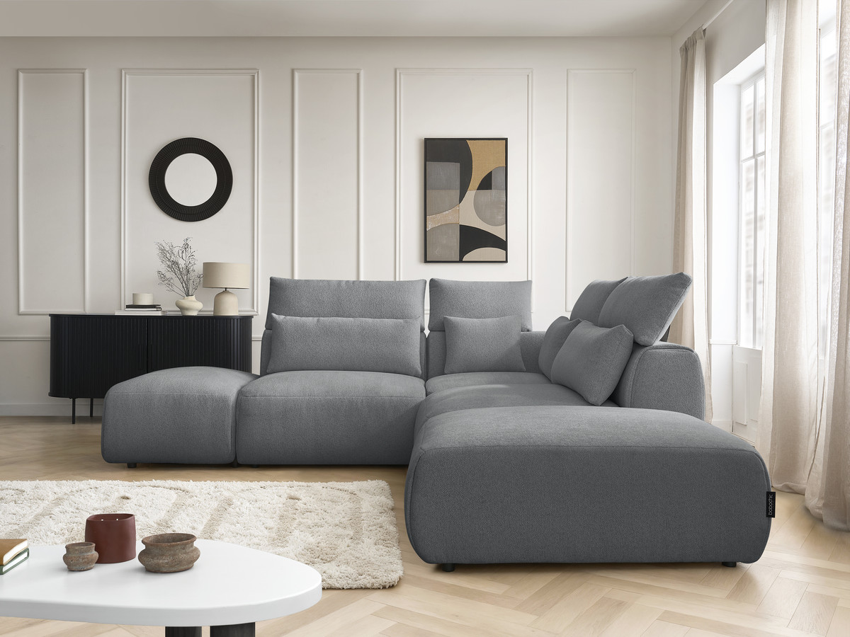 Modulaire vaste hoekbank met hoofdsteunen JANA gemêleerde stof met 2 fauteuils, 1 hoekelement en 2 poefs