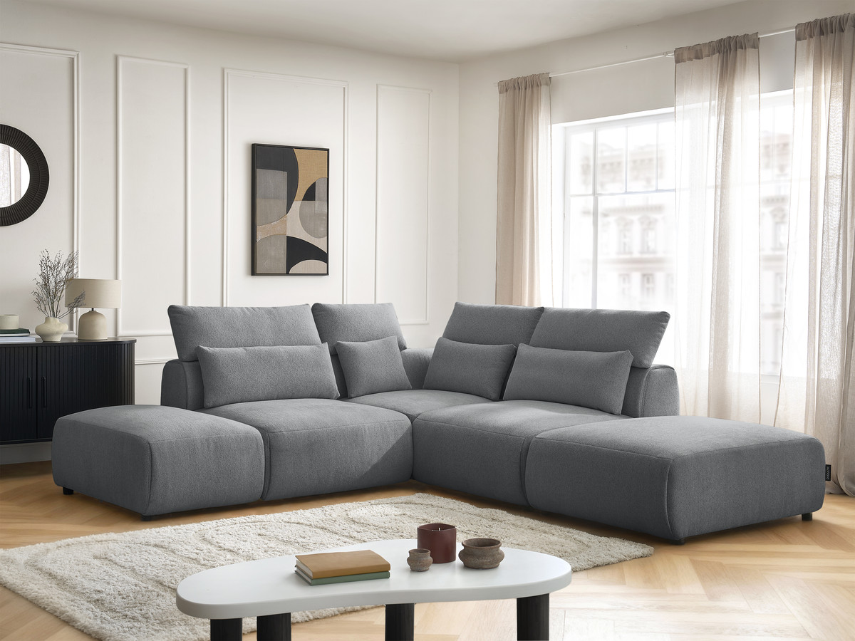 Modulaire vaste hoekbank met hoofdsteunen JANA gemêleerde stof met 2 fauteuils, 1 hoekelement en 2 poefs