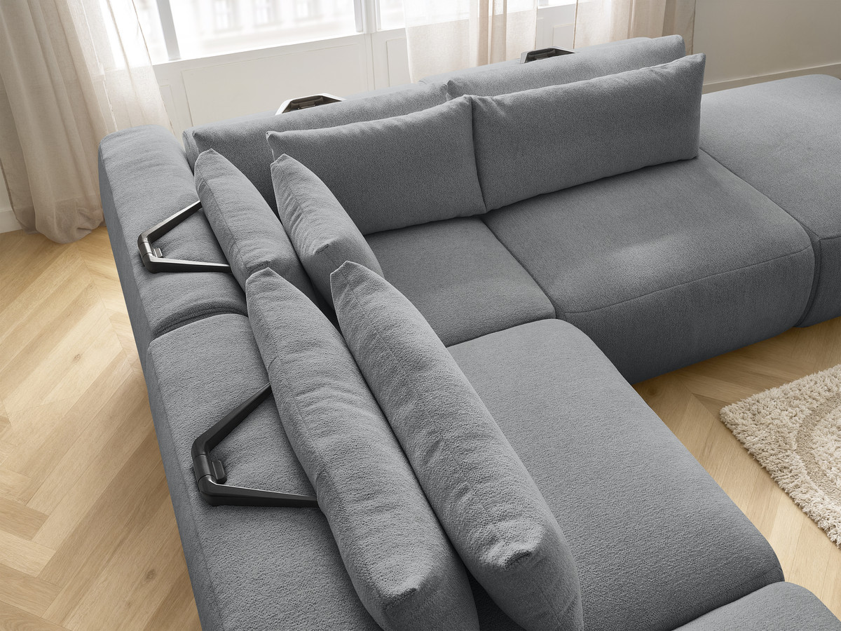 Modulaire vaste hoekbank met hoofdsteunen JANA gemêleerde stof met 2 fauteuils, 1 hoekelement en 2 poefs