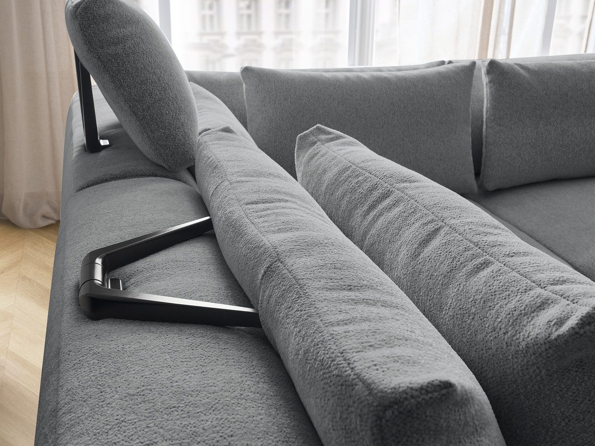 Modulaire vaste hoekbank met hoofdsteunen JANA gemêleerde stof met 2 fauteuils, 1 hoekelement en 2 poefs