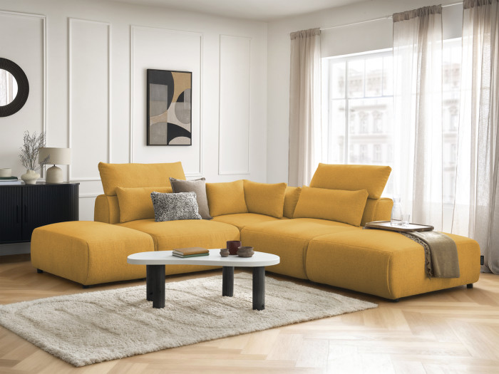 Canapé d'angle fixe modulable avec têtières JANA tissu chiné avec 2 chauffeuses, 1 angle et 2 poufs